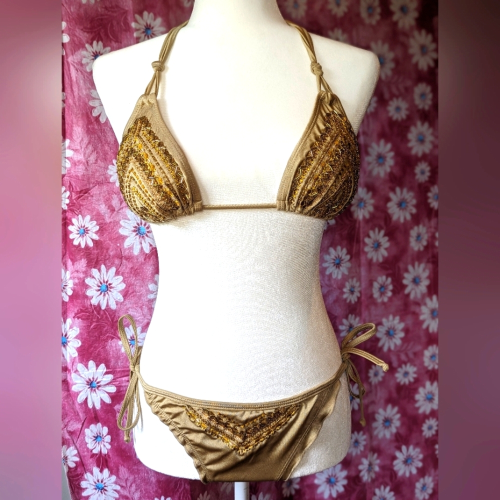 Handmade Columbian Embroidered and Beaded bikini. Sz. M. New. Gold
